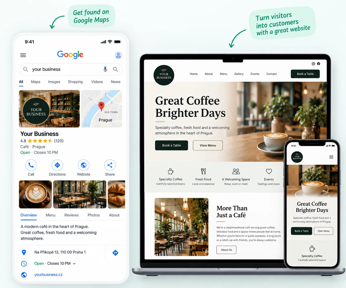 Google Maps listing and a website shown on laptop and mobile for a Prague café