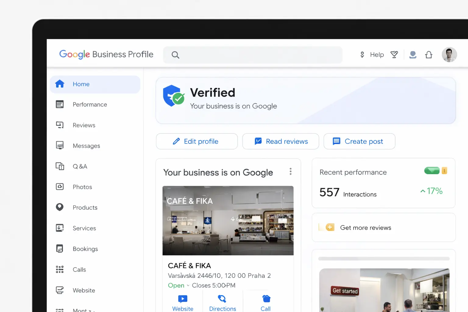 Google Business Profile dashboard showing comprehensive business information