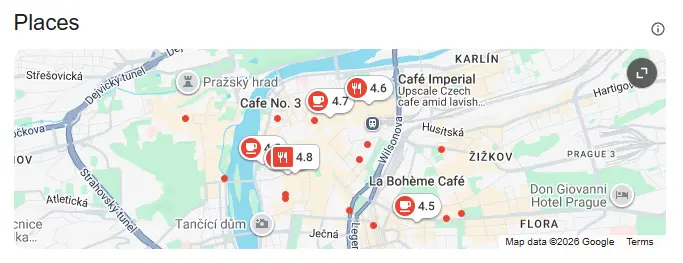 Google Maps Places results showing multiple Prague cafes with ratings, locations, and review counts