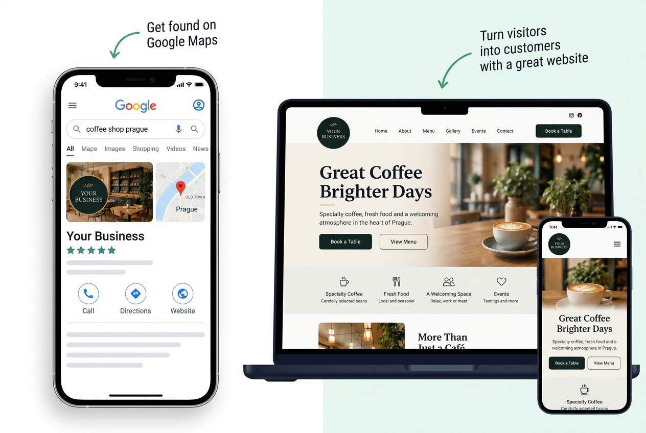 Fictional coffee shop shown in a Google Maps result beside its professional website on laptop and mobile