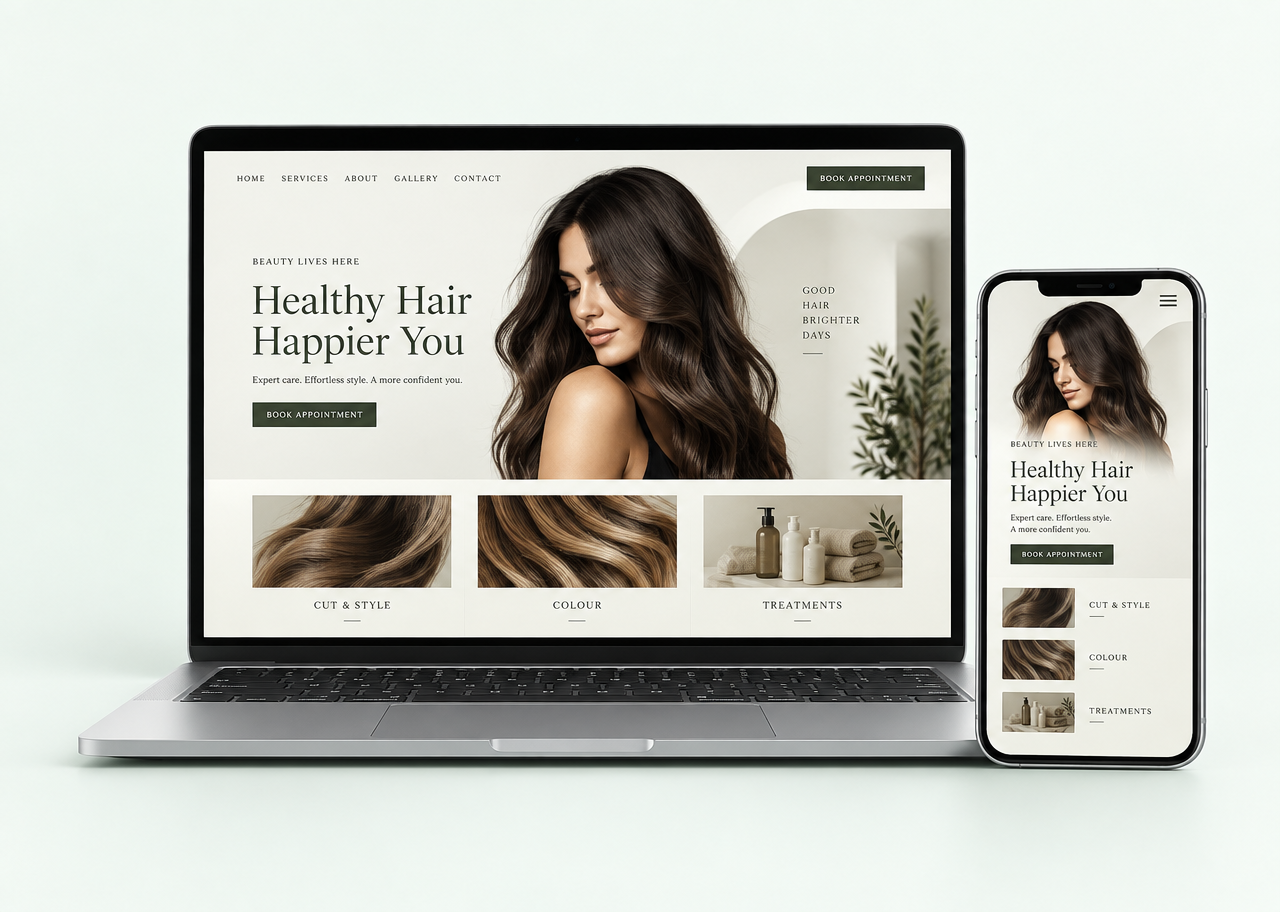 Responsive professional hair salon website displayed on a laptop and mobile phone